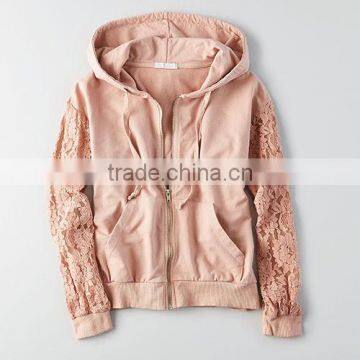 full zip hoodie Womens Zip front Full drawstring hood kangaroo pocket LACE SLEEVE hooded jacket