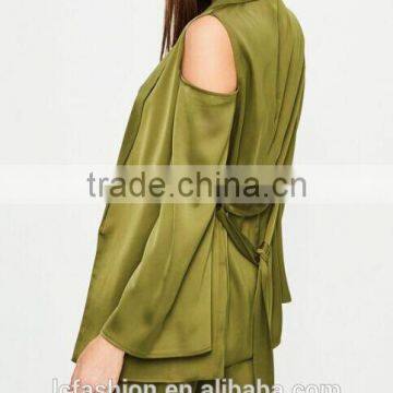 Picture of Office Ladies Cold Shoulder Tie Waist Satin Blazer Green Two Piece Sets for Office Ladies photo-3