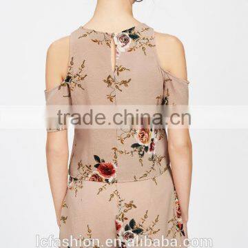 Two Piece Set Women Clothing Floral Print Cold Shoulder Crop Split Top With Shorts photo-3