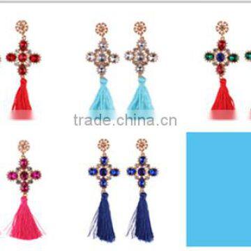 Bohemian jewelry rhinestone gems with alloy plated tassel dangle earrings