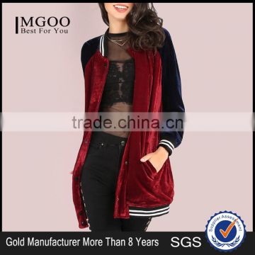 MGOO Burgundy Contrast Raglan Sleeve Velvet Longline Button Bomber Jacket With Striped Trim