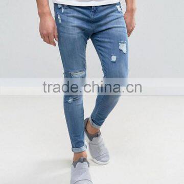 2017 Blue Ripped Skinny Fit Distressed Mens Biker Jeans Stretch-cotton Jeans photo-2