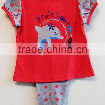 Wholesale Dolphin Kids Girls 2 Pcs Set Printed Knitted Short Sleeve Top Red Girls Clothing Set TP-7721