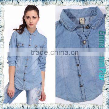 Soft Smooth Breathable Light Blue Color Fade Protected Enzyme Bleaching Washed Combed Cotton Lady's Denim Long Sleeve Shirts photo-6