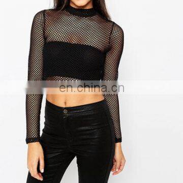 Lady high neck Sexy mesh crop top in long sleeves design