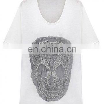 Fashion women sexy deep U neck applique summer T-shirt