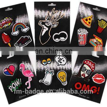 Opp bag color card with embroidery patch, OMG,eye, cactus, rainbow, ice cream, horse,french fries, patch individual patch pack