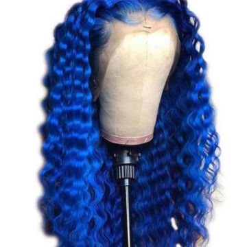 Wholesale 18inch virgin cuticle aligned pre plucked hairline long curly brazilian blue human hair lace front wig