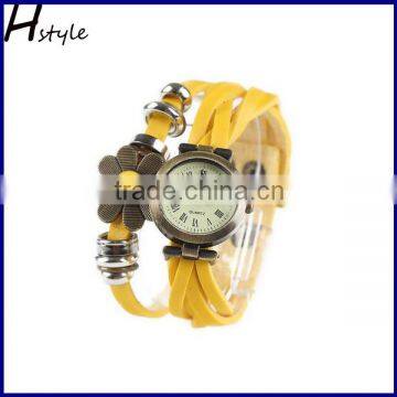 Ladies Flower Sense Retro Wrap Around Weave Leather Watch ladies fancy wrist watches Yellow WP007