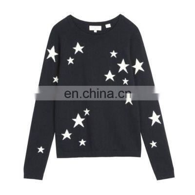 Pure Wool Knitted Star Design Black Intarsia Sweater