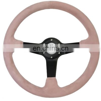 Pink suede with white stitching universal customized racing car Steering Wheel