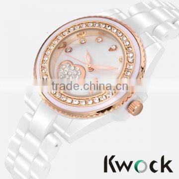 New Deluxe elegant White ceramic band CZ crystal Quartz Women's Lady Wrist watch ceramic watch band