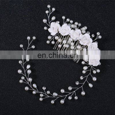 Bridal Wedding Crystal Bride Hair Accessories Pearl Flower Headband Handmade Hairband Beads Decoration Hair Comb photo-2