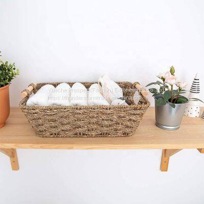 Natural Seagrass Basket With Wooden Handle Handmade Rattan Storage Basket photo-3