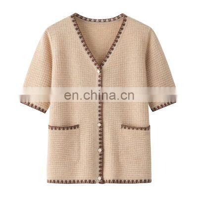 Elegant Women's 100% Pure Cashmere Cardigan Spring Autumn V-Neck Sweater with Pockets Casual Solid Knit for Winter