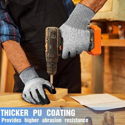 Safety Gloves For Cutting ANSI A5 13G HPPE Liner PU Coated Kevlar Cut Proof Gloves Cut Resistant Leather Gloves photo-3