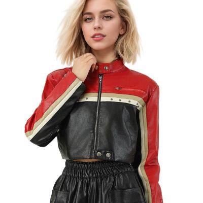 2025 Internet Red Block Spliced PU Leather Waist-exposed Cool Women's Leather Jacket Customization photo-2