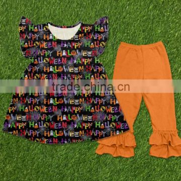 new style Halloween girls sets Halloween design clothes solid color reffle pants boutique outfits