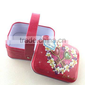 Promotional gift design tin box /tin container for chocolate /cookies with handle