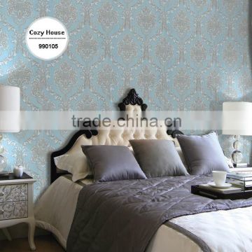 remnants deep embossed plastic wallpaper, blue classic damask wallcovering for administration , smoke-proof wall paper price