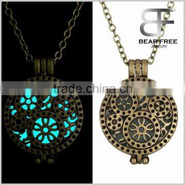 Vintage Bronze Round Shaped Openwork Gear Wheel Patttern Glow in the Dark Necklace