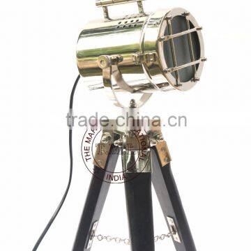 NAUTICAL SPOTLIGHT LAMP ON STAND - NICKEL PLATED SEARCHLIGHT ON WOODEN BLACK TRIPOD STAND photo-4