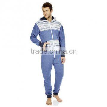 Wholesale blue print adult thermal pajamas for men with hoodies