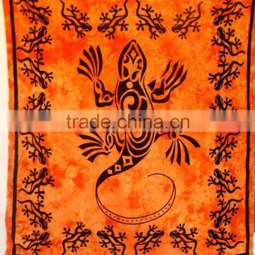 Indian Black Lizard Print Orange Tapestry Wall Hanging Wild Life Cotton Double Bedspread Wall Decor Art