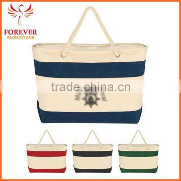 Custom Logo Print Top Zippered Closure Canvas Tote Bag With Rope Handles