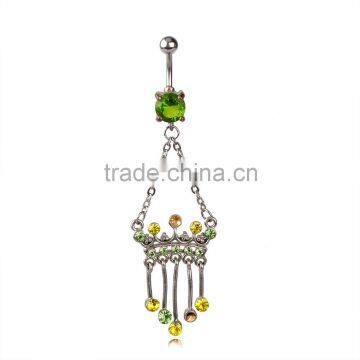 Five Point Princess Crown with Color Gem Accents with Charms Drop Down Dangle Belly Button Navel Ring.