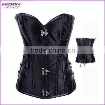 Black Satin Overbust Corset Vintage Metal Clasps Lace Up Back Basque Shapewear Corsets Sale