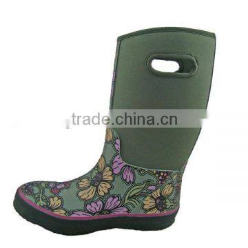 Flower print durable neoprene lady rubber rain boots