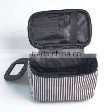 Polyester Toiletry Organizer Bag White Strips Print Travel Cosmetic Bag With Mirror Inside