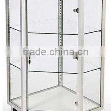 28" Corner Display Case w/Hinged Door, Adjustable Shelves, Ships Assembled - Silver(CD-A-009)