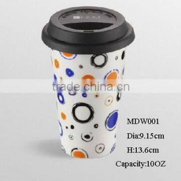 Reusable eco friendly double wall coffee mug w/ silicone lid circles 10oz