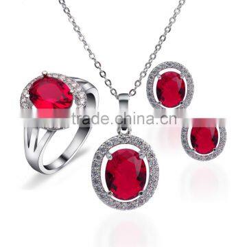 Fashion Big Ruby Precious Stone Jewelry Set 18K White Gold Plated Necklace Ring Earring Set