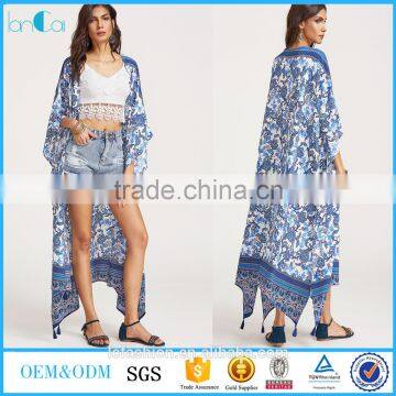 Boho clothing summer hot sale blue flower print tassel trim longline kimono