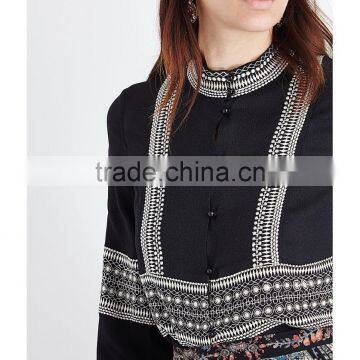 Wholesale Women High Neck Long Sleeves Buttoned Cuffs Geometric Embroidery Crepe Shirt(DQE0163T) photo-5