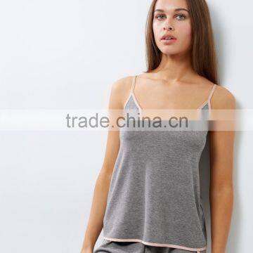 Custom Cotton Sexy Strap Pajamas Grey Brushed Wrap Back Cam And Shorts Contrast Pink Trim Satin Style photo-2