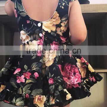Toddler Girls Fall Autumn Black Burgundy Floral Vintage Boho Short Ruffle Dress photo-4