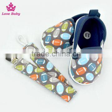 Cute Rugby Pattern Newborn Brown Color Crib Shoes Baby Shoes Matching Pacifier Clip photo-4