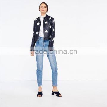 Fashion Contrasting Coloured Stars Cropped Leather Jackets for Women photo-2