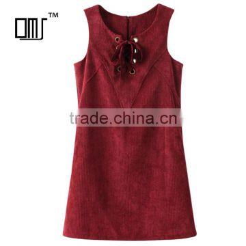 A-Line dark red lace up round collar sleeveless mini corduroy dress