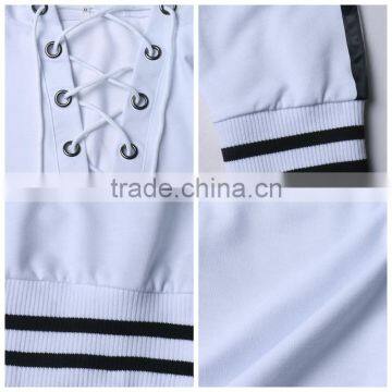 Girls White Plunge Laced Up Front Stripe Trims Hoodie Manufacturer photo-3