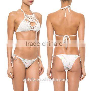 2017 New Fashion Sexy Women's White Crochet Top With Print Bottoms Bikini Swimsuit