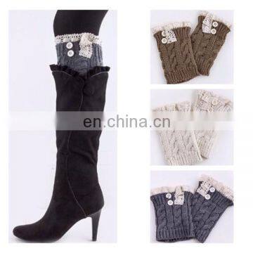 Women Soft Crochet Knitted Lace Button Trim Boot Cuffs Toppers Leg Warmers Winter Socks