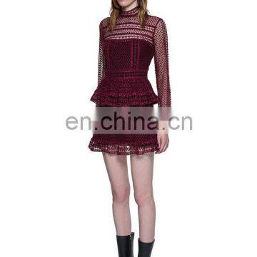 2015 Long sleeve hollow out short transparent classical dress