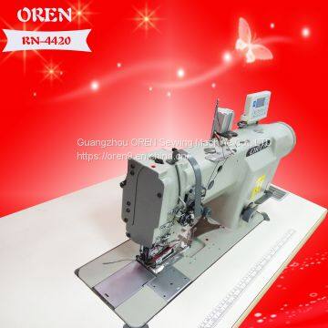 Double needled foot feed lock stitch sewing machine