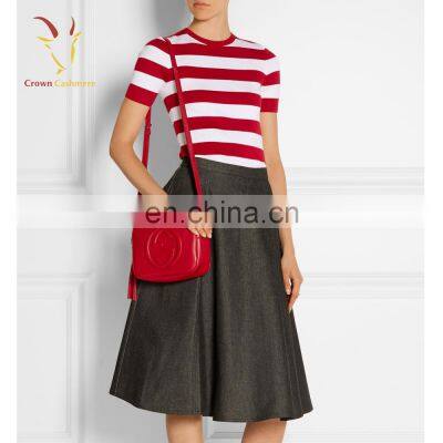 Ladies Red and White Striped Short Sleeve Pure Cashmere Sweater photo-3