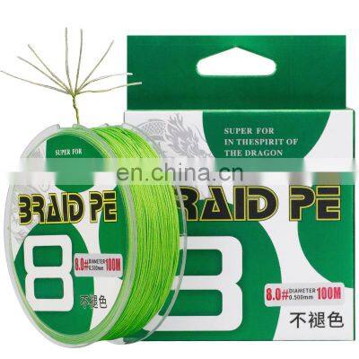 Best quality 100m  8 Strands Fishing Line with green color 7.3kg-36.4kg tension braided fishing line